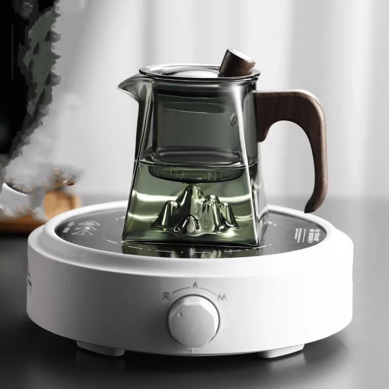 Premium high-capacity borosilicate glass teapot with smoky grey mountain view design