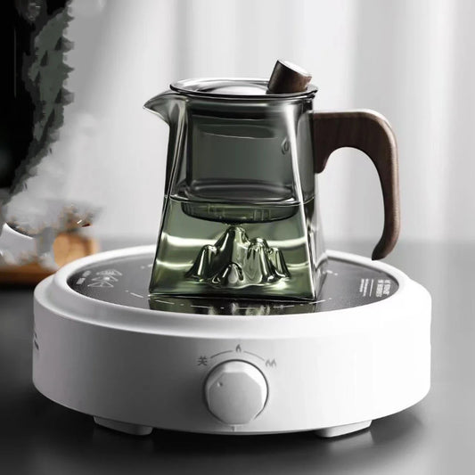 Premium high-capacity borosilicate glass teapot with smoky grey mountain view design