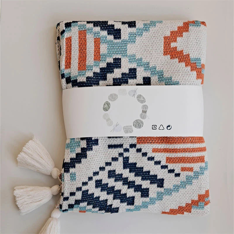Boho geometric design cotton blanket in various sizes, perfect for indoor and outdoor use