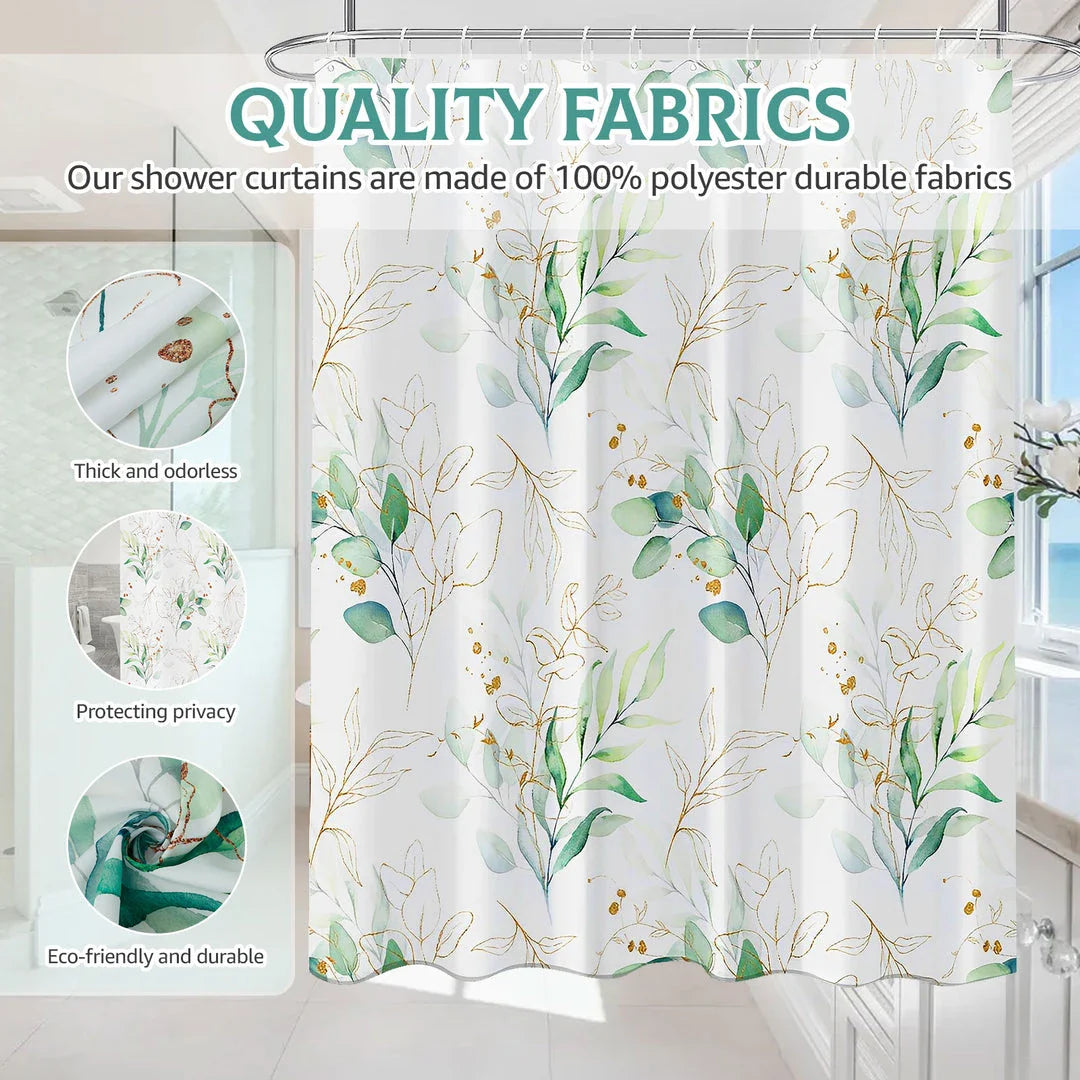 Elegant leaf-patterned waterproof shower curtain with a nature-inspired design, suitable for UK bathrooms
