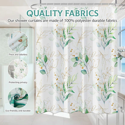 Elegant leaf-patterned waterproof shower curtain with a nature-inspired design, suitable for UK bathrooms