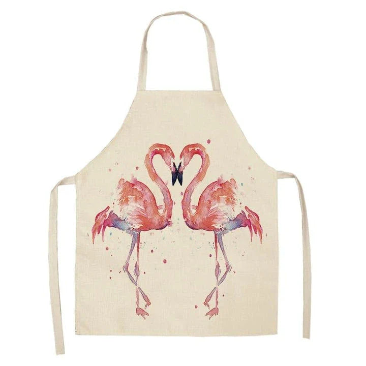 Flamingo Print Apron with Adjustable Neck Strap and Waist Ties, Made of Cotton and Linen Blend