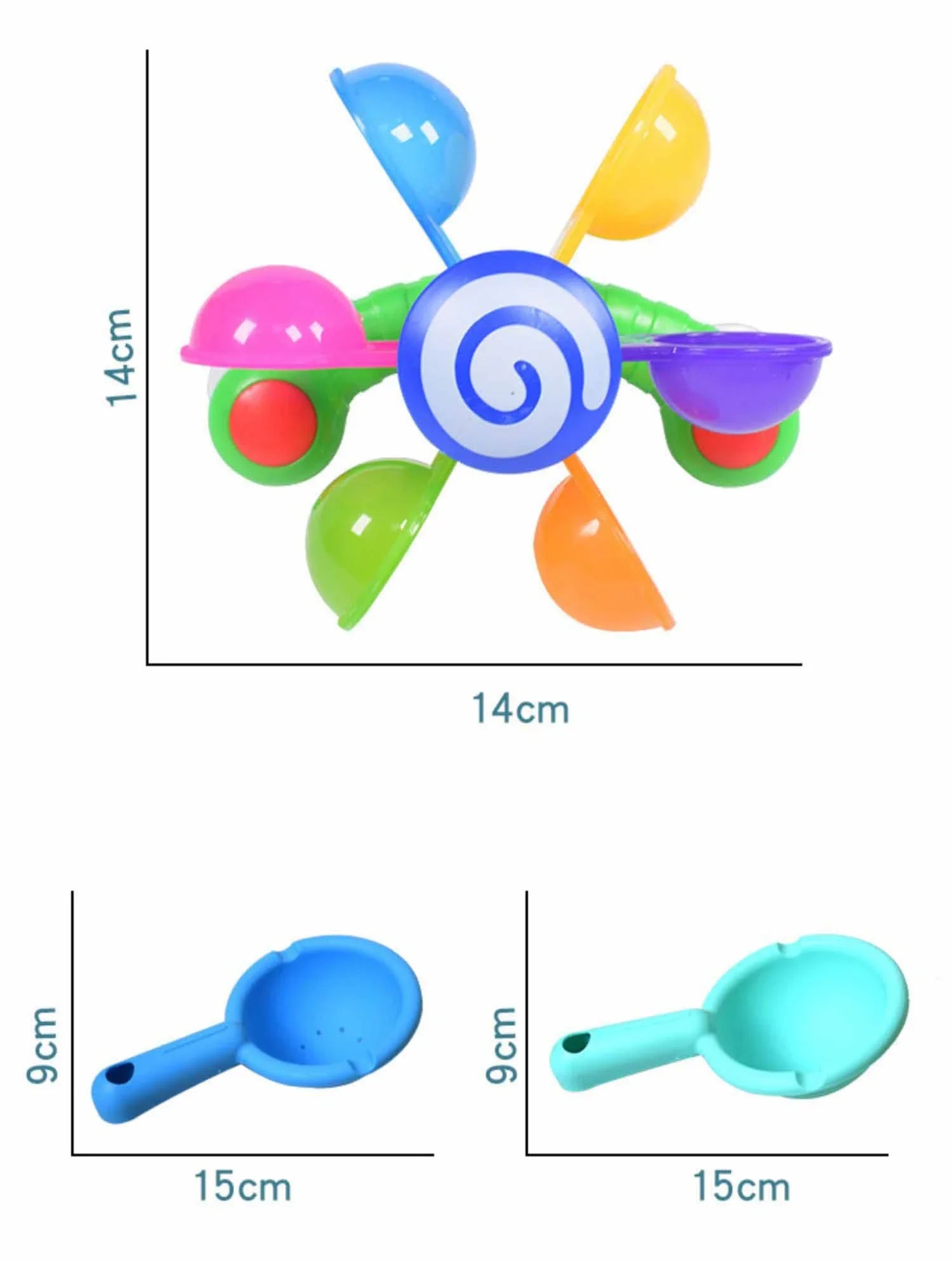 Colourful children's bath toy with a turning windmill and spoon for imaginative water play