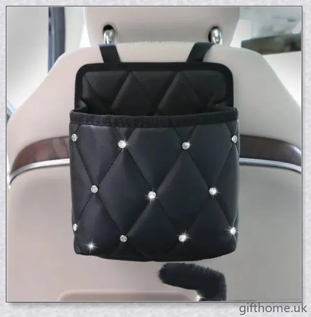 Premium car storage bag with handbag holder and seat organiser, made of durable PU leather and PP plastic, with flexible cleaning brush