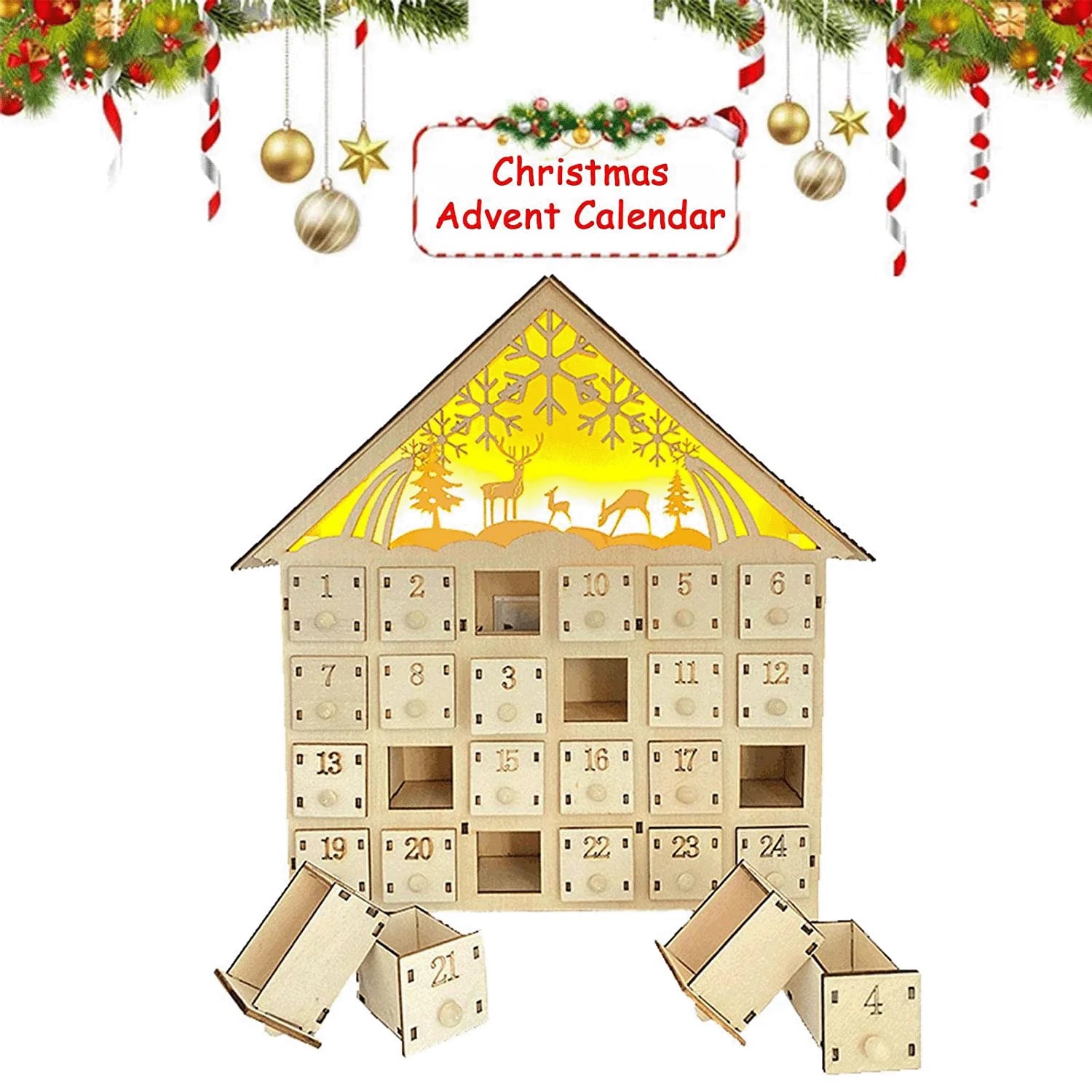Handcrafted British Christmas ornaments in natural wood colour, showcasing elegant European-inspired design