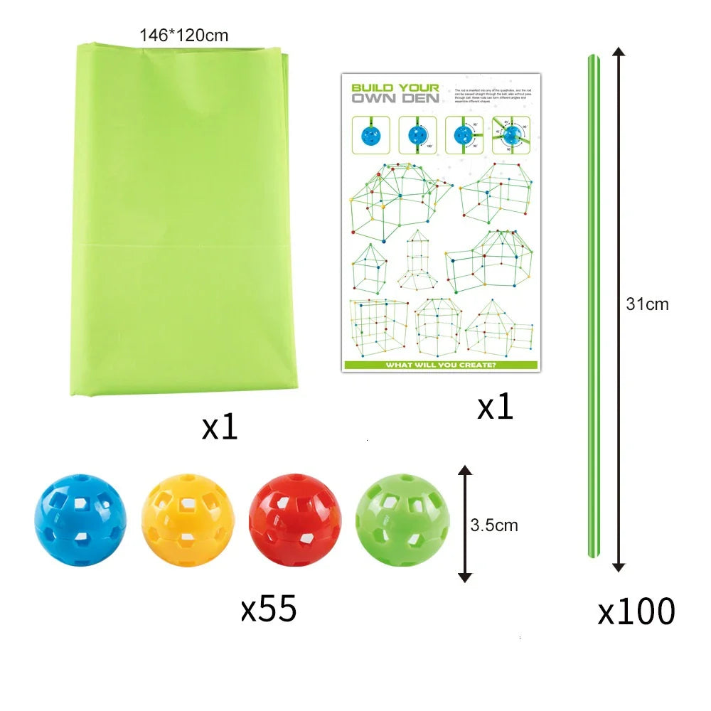 Children's DIY bead tent fort building kit with plastic balls and tubes for creative play and imagination development