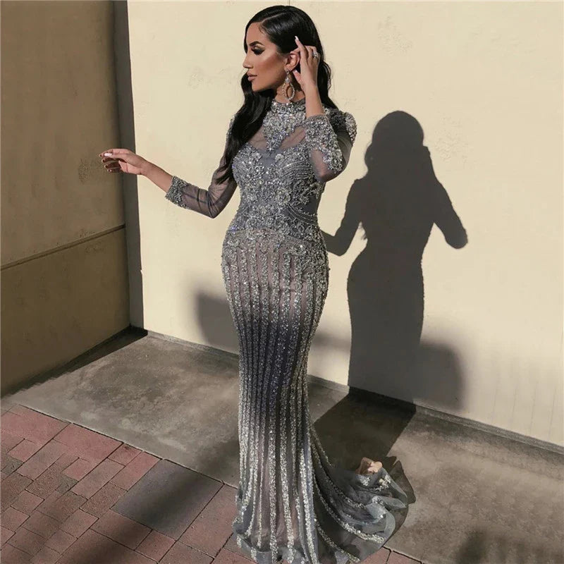 Elegant long sleeve fishtail dress with high waist and Austrian diamond embellishments