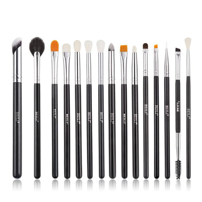 Set of 15 professional eye makeup brushes in a sleek black design, including brushes for brows, lashes, eyeliner, and eyeshadow blending.