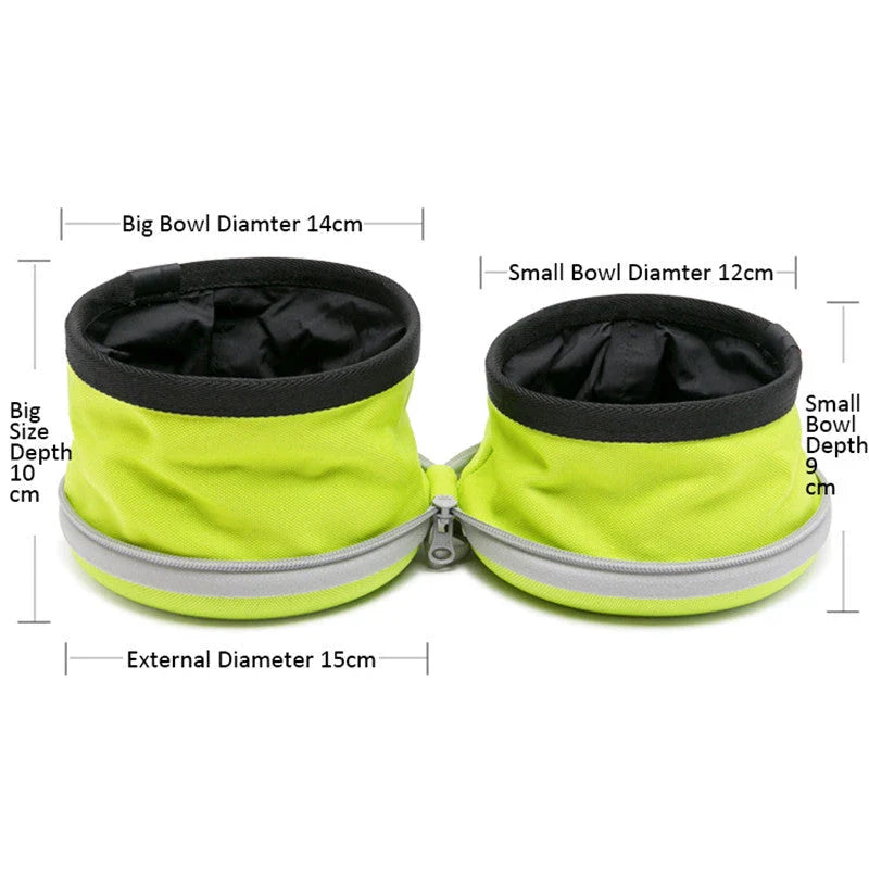 Premium collapsible dog bowl with dual compartments for food and water, made of durable 900D oxford fabric and waterproof nylon lining