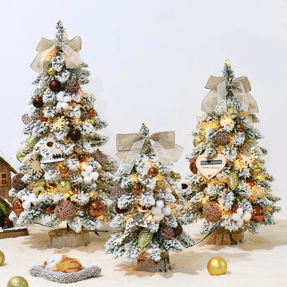 Flocked mini Christmas trees in gold, red, and brown colours, perfect for tabletop and mantel displays