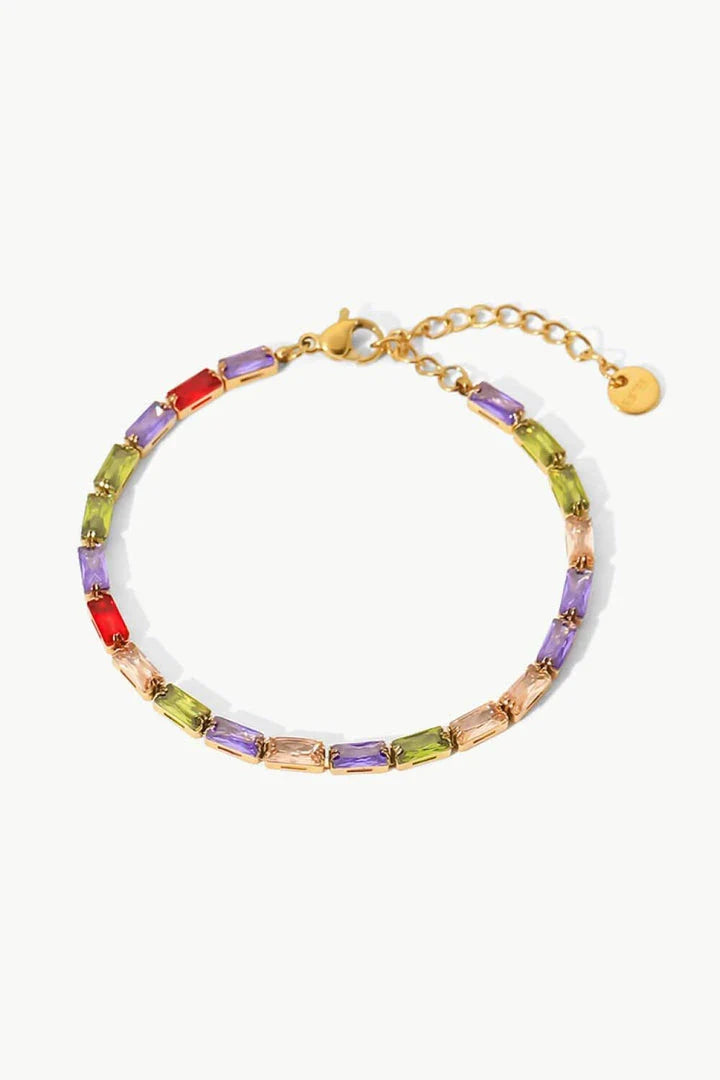 Elegant 18K gold plated bracelet with multicoloured cubic zirconia stones, a versatile accessory that adds a touch of sparkle to any outfit.