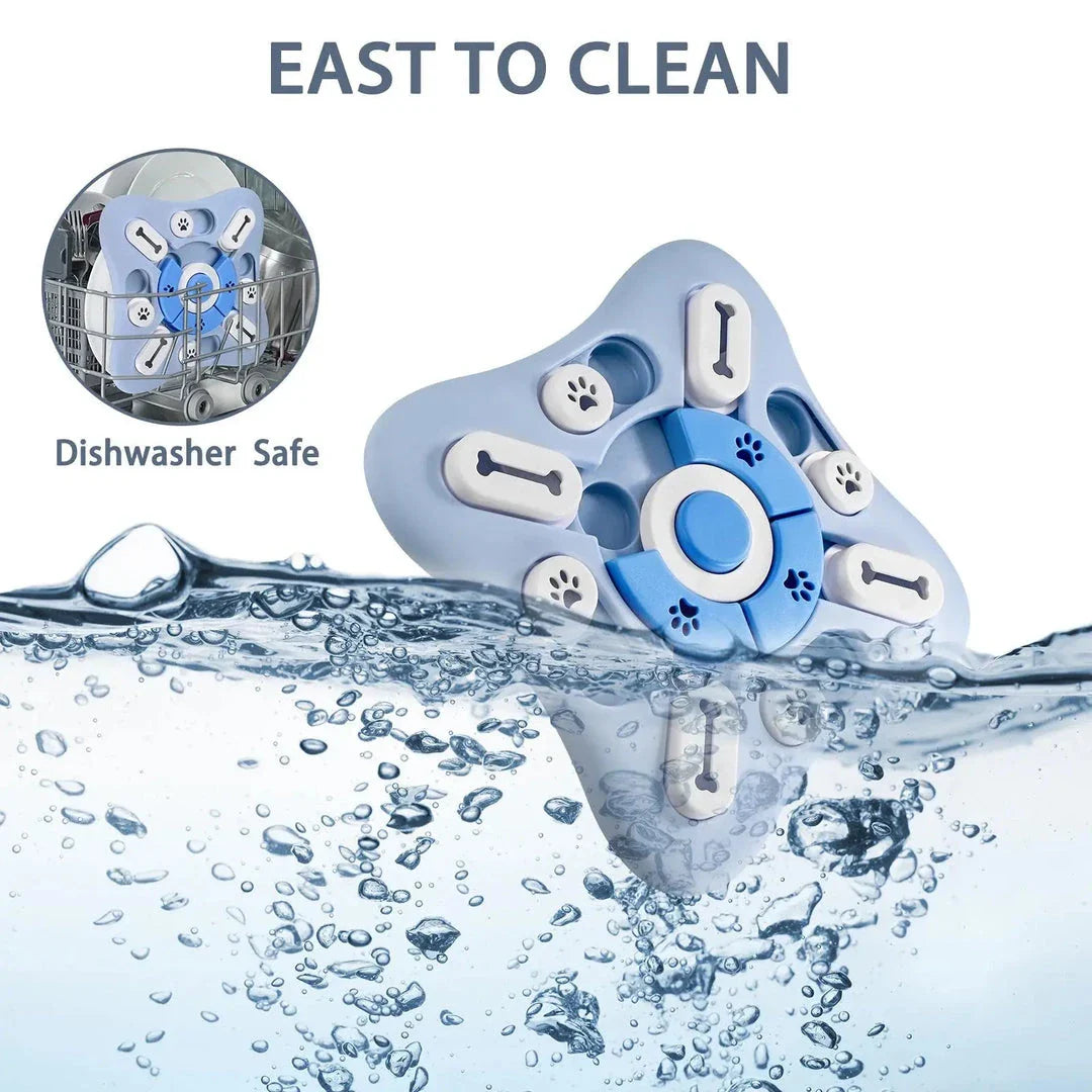 Interactive dog puzzle toy with treat dispenser and squeaky features for mental stimulation and enrichment