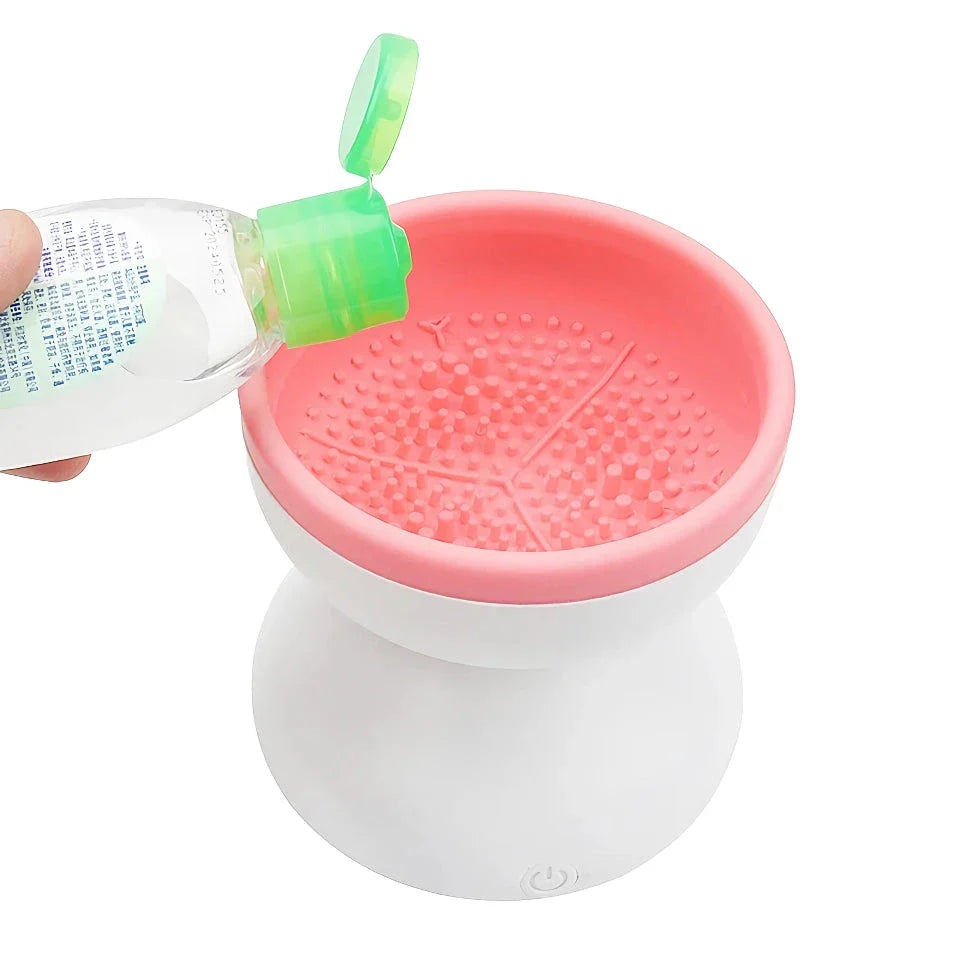 Electric USB makeup brush cleaner and dryer with silicone collar and automatic spinning action for thorough cleaning and drying of makeup brushes