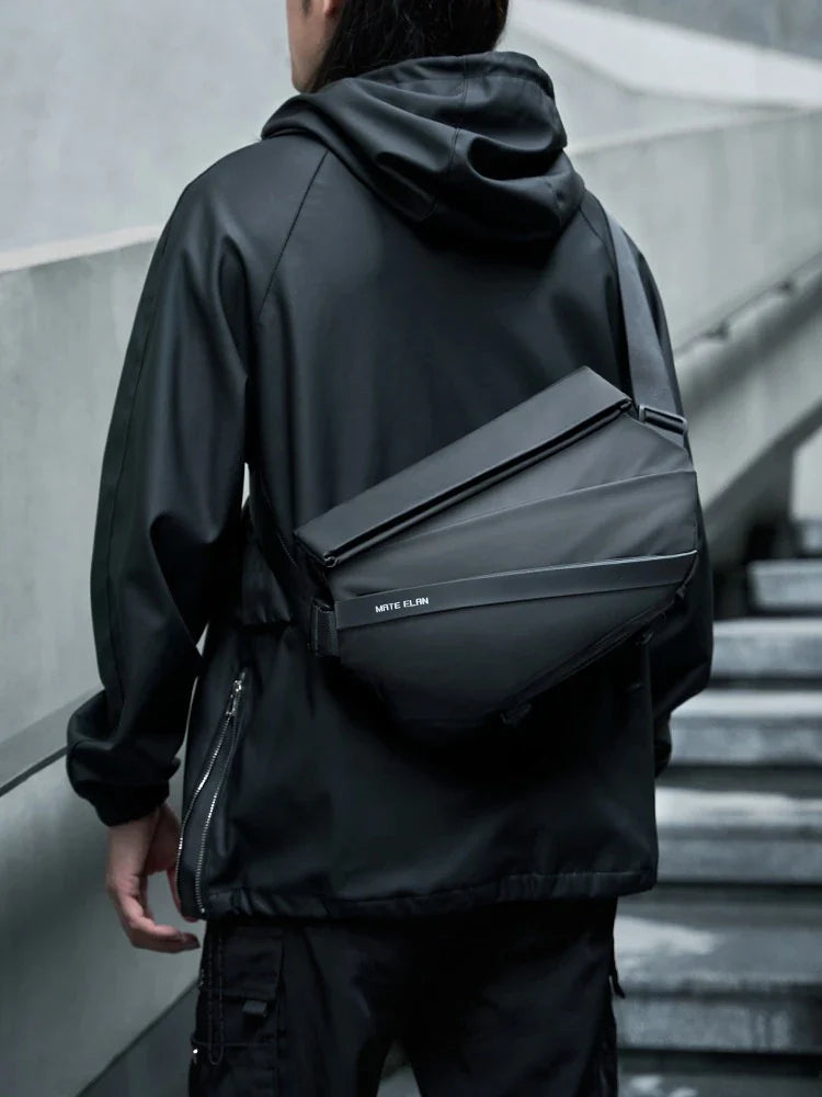 A sleek, minimalist crossbody bag with a mechanical-inspired design, crafted from premium PVC for durability and breathability.