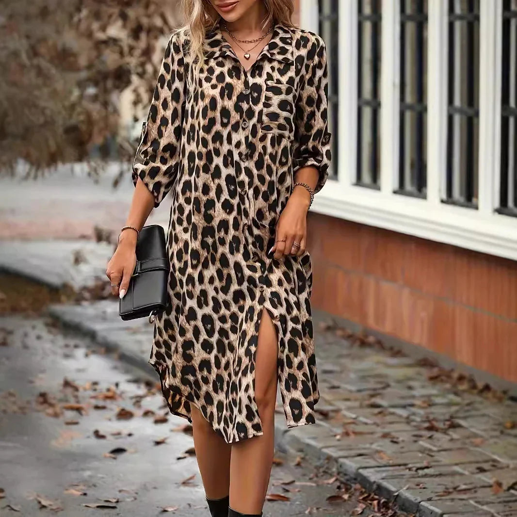 Elegant leopard print beach cover-up robe with V-neck and side pockets, perfect for summer vacations and beach parties.