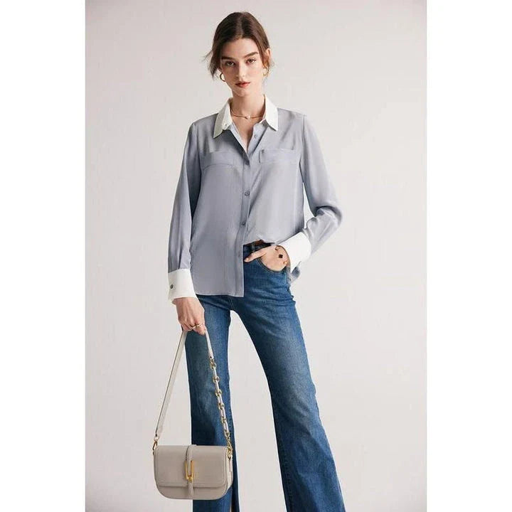 Sophisticated 100% Mulberry silk crepe de chine dress shirt for stylish women in the UK, offering elegance, comfort and versatility.