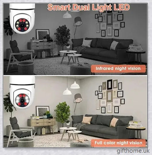 5G Wi-Fi smart home surveillance bulb camera with 360-degree coverage, night vision, and remote monitoring capabilities