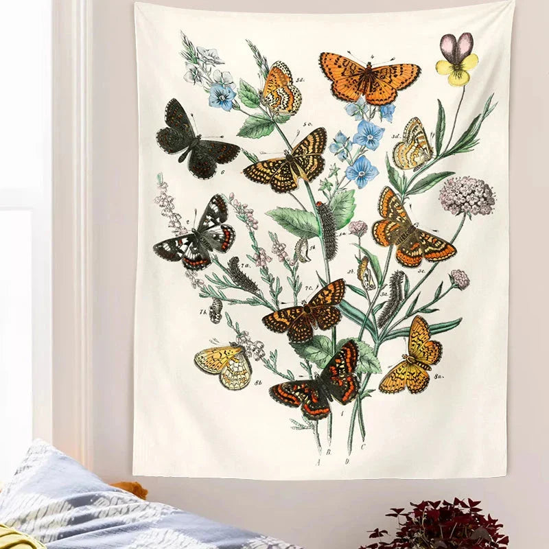 Mushroom Tapestry Wall Hanging with Botanical Print and Floral Illustrations