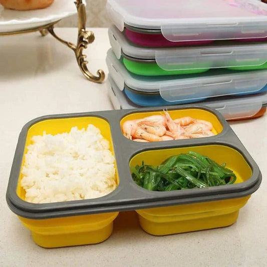 Collapsible silicone lunch box in orange colour, featuring a leakproof design and 1100ml capacity for on-the-go meals.