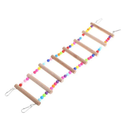 Sturdy wooden rainbow ladder with two hanging hooks, designed as a colourful climbing toy for pet birds