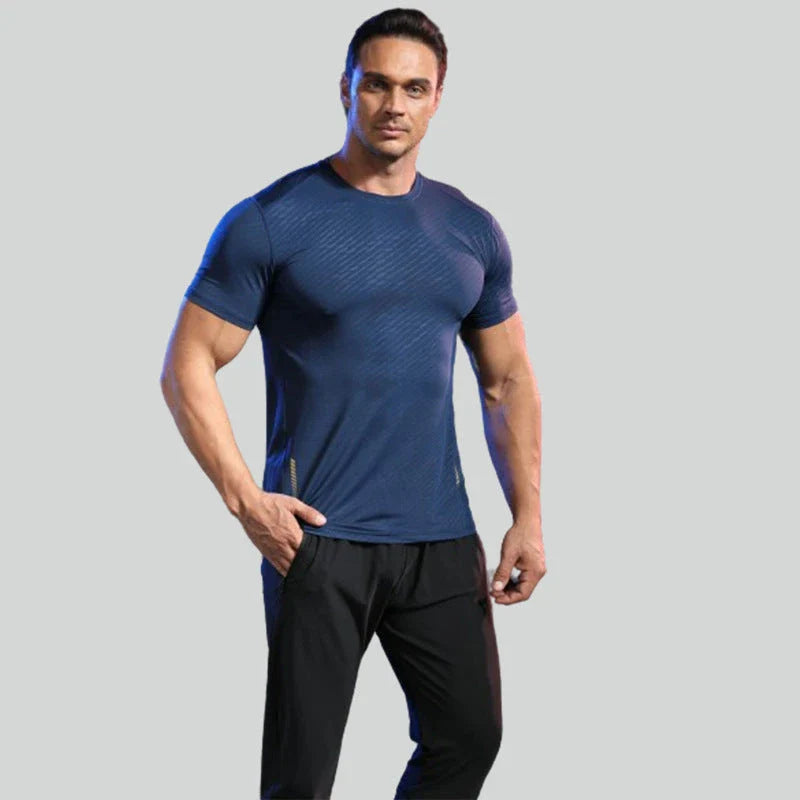 Men's summer sports t-shirt in black, white, grey, navy, and lake blue colours with quick-drying, breathable, and UV-protective features