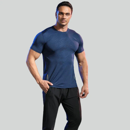 Men's summer sports t-shirt in black, white, grey, navy, and lake blue colours with quick-drying, breathable, and UV-protective features