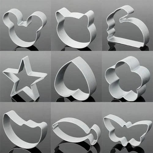 Premium eco-friendly geometric metal cookie cutters set in various colours, including silver, gold, and rose gold.