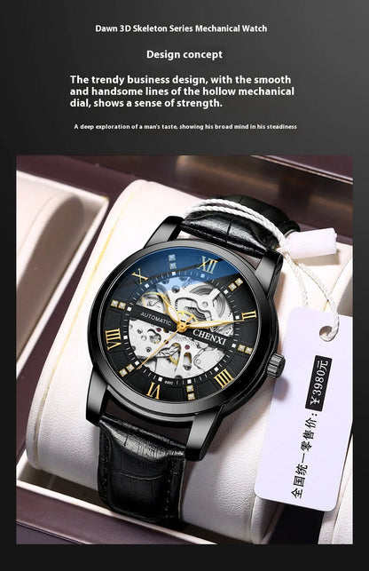 Premium automatic mechanical watch with a waterproof leather strap, featuring a sophisticated and versatile design.
