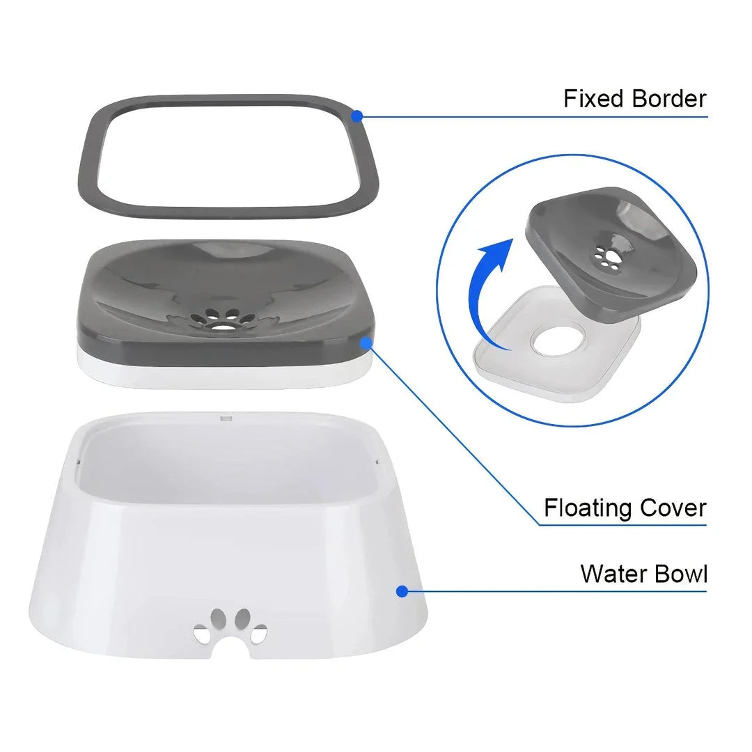 1L Splash Proof Pet Water Bowl in grey, with floating design to prevent spills and keep floors dry