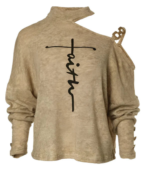 Stylish long sleeve top with diagonal shoulder chain embellishment in black, navy, and burgundy colours