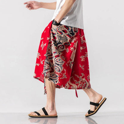 Men's loose-fitting Chinese-inspired cropped pants with a dragon or elephant floral pattern in navy blue, red, or coffee colours
