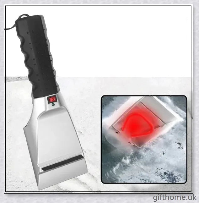 Premium heated snow shovel with stainless steel and plastic construction, designed for efficient snow and ice removal.