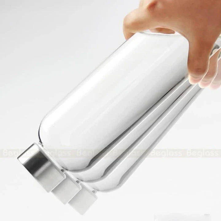 Premium minimalist glass sports water bottle in a variety of sizes and colours, designed for sustainable and stylish hydration