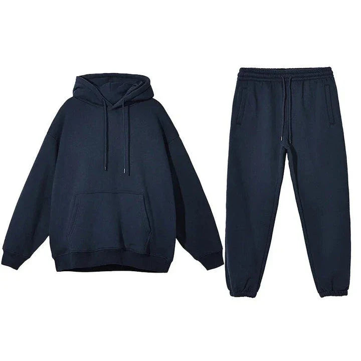 Cosy fleece hoodie and jogger set in light pink, grey, and navy blue colours for ultimate comfort and style