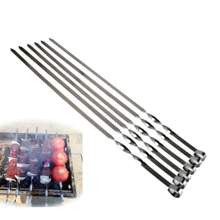 Premium stainless steel BBQ skewers with a flat design for even heat distribution and easy handling