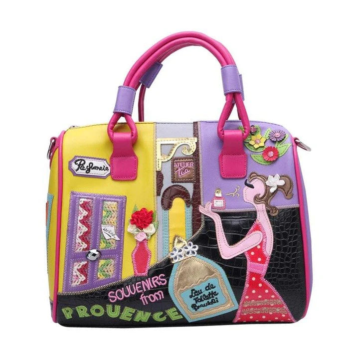 Stylish European and American-inspired women's tote bag with cartoon embroidery, suitable for use as a handbag, shoulder bag, or travel bag