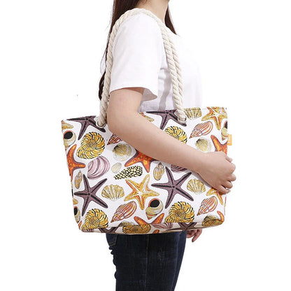 Stylish canvas beach tote bag with Shells Conch print design, perfect for summer adventures