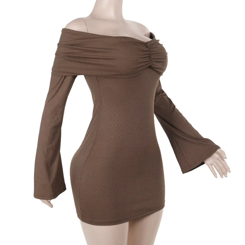 Trendha Slim-Fit Pleated Off-Shoulder Dress in Brown with Long Sleeves