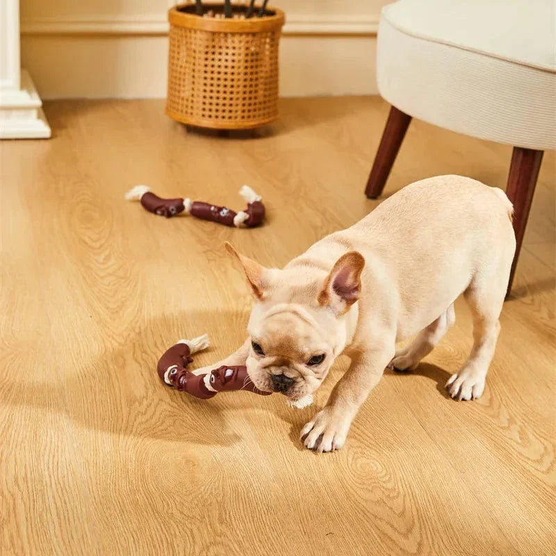 A durable cotton rope and vinyl sausage chew toy for pets, designed to provide interactive play and promote dental health.