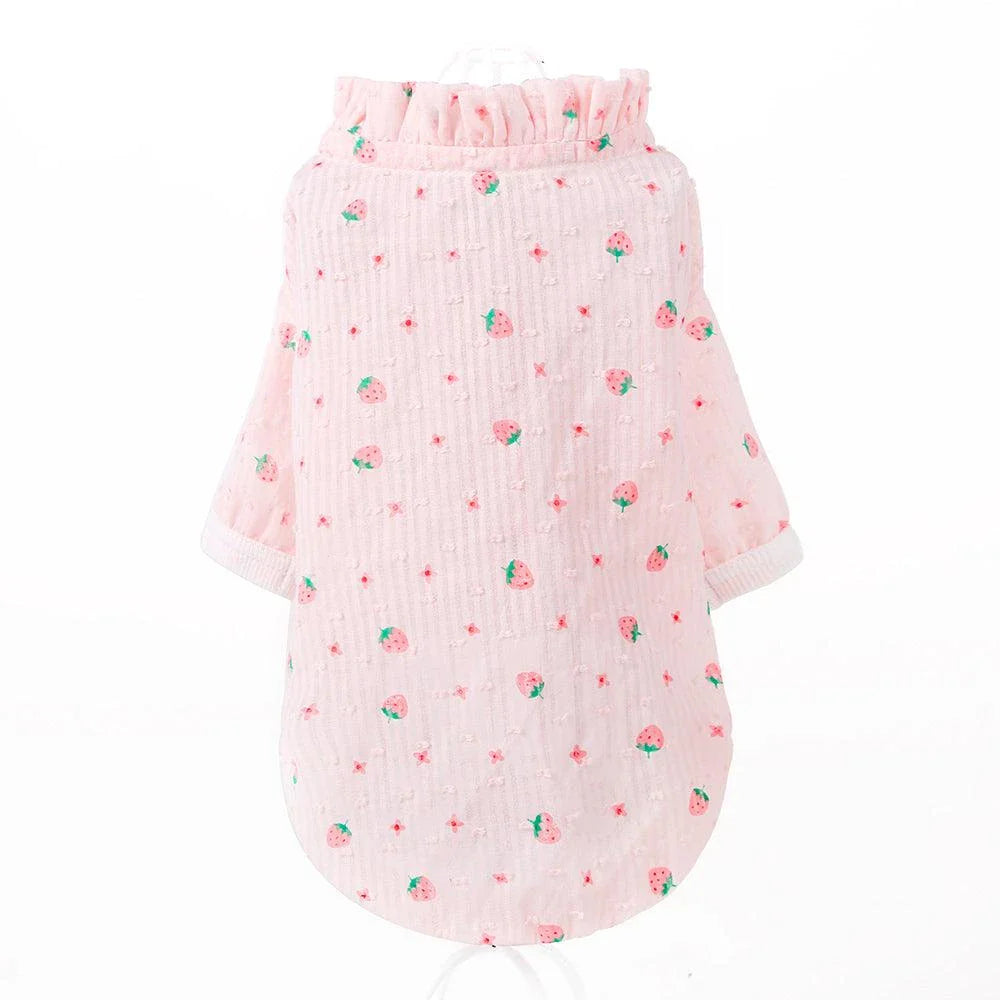 Stylish pink cat clothing with strawberry print design and sunscreen protection for pets