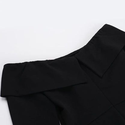 Elegant off-the-shoulder A-line dress for women with slim fit, bell sleeves, and high waist design