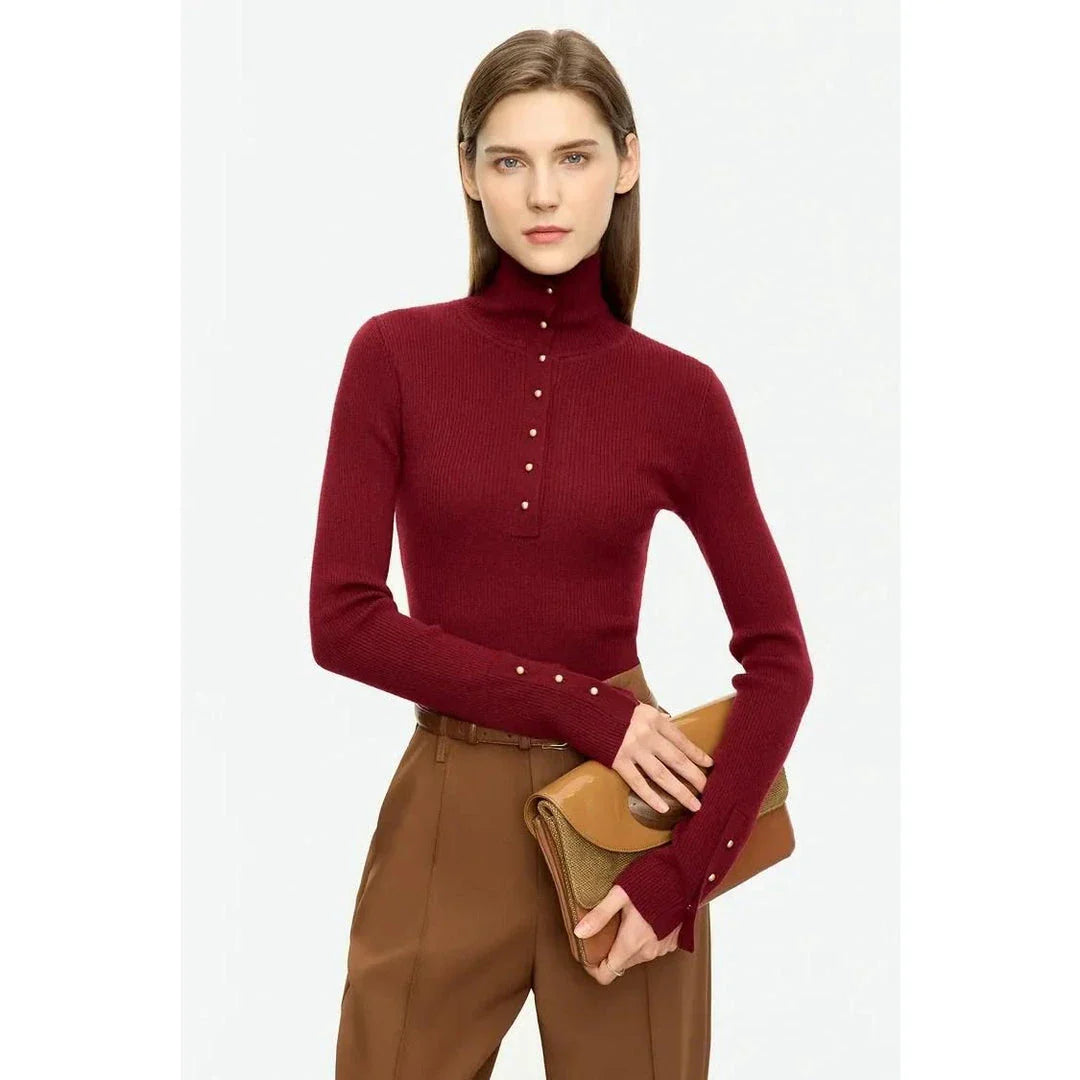 Elegant, slim-fit turtleneck sweater in various colours with chic button detail, perfect for the modern British woman's autumn wardrobe
