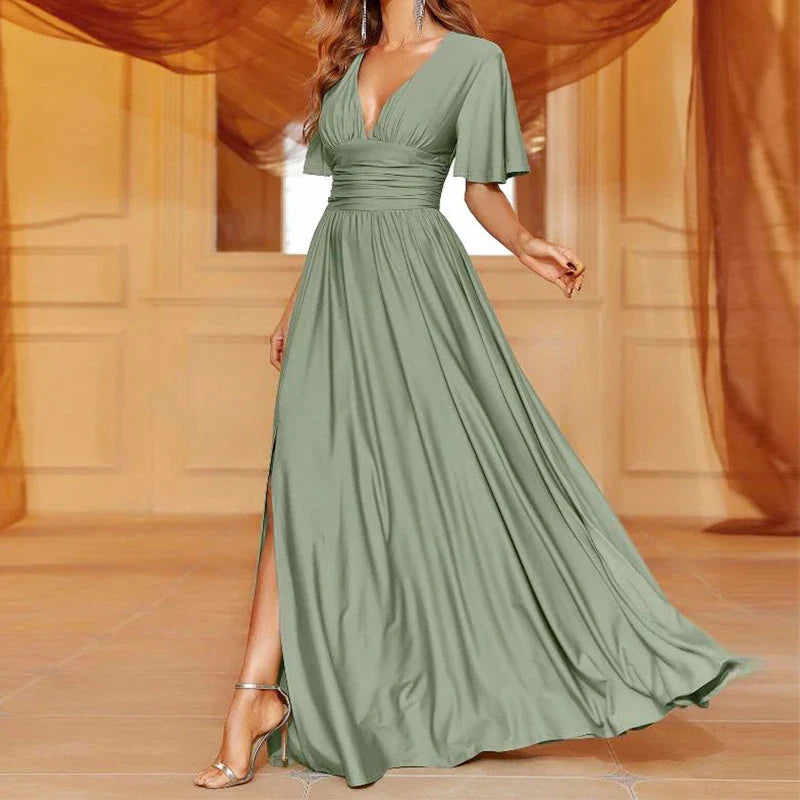 A premium long formal dress with a sophisticated V-neck design, crafted with high-quality polyester fabric in a range of elegant colours.