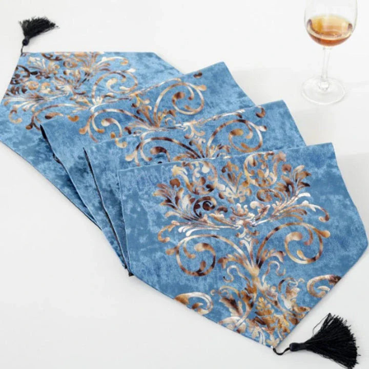 Elegant golden ornament table runner with intricate embroidery, adding a touch of regal charm to any dining setting.