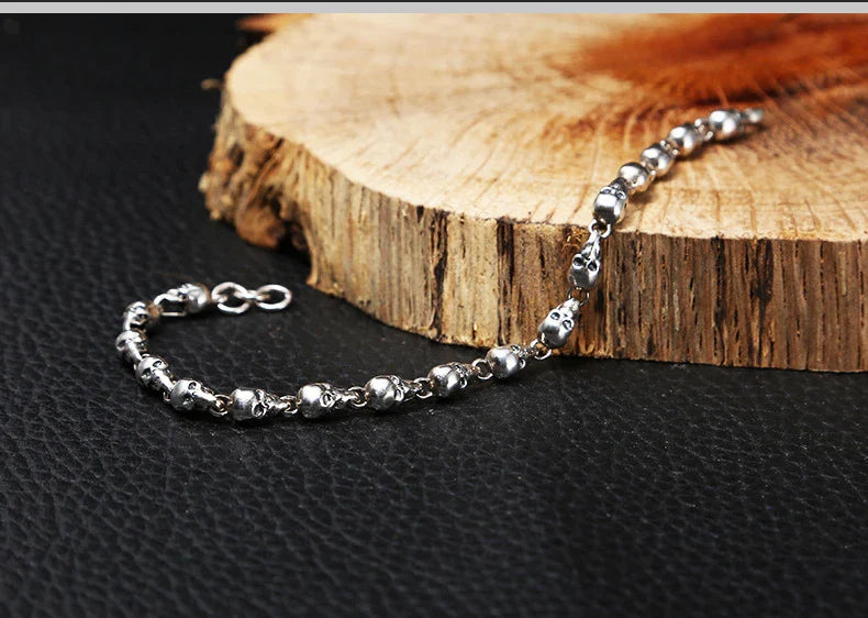 925 Sterling Silver Skull Bracelet with Vintage Thai Design and Adjustable Chain