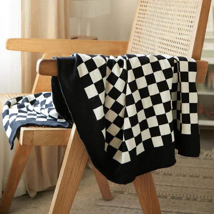 Cosy tartan check cotton knit throw blanket in earthy tones for stylish home decor