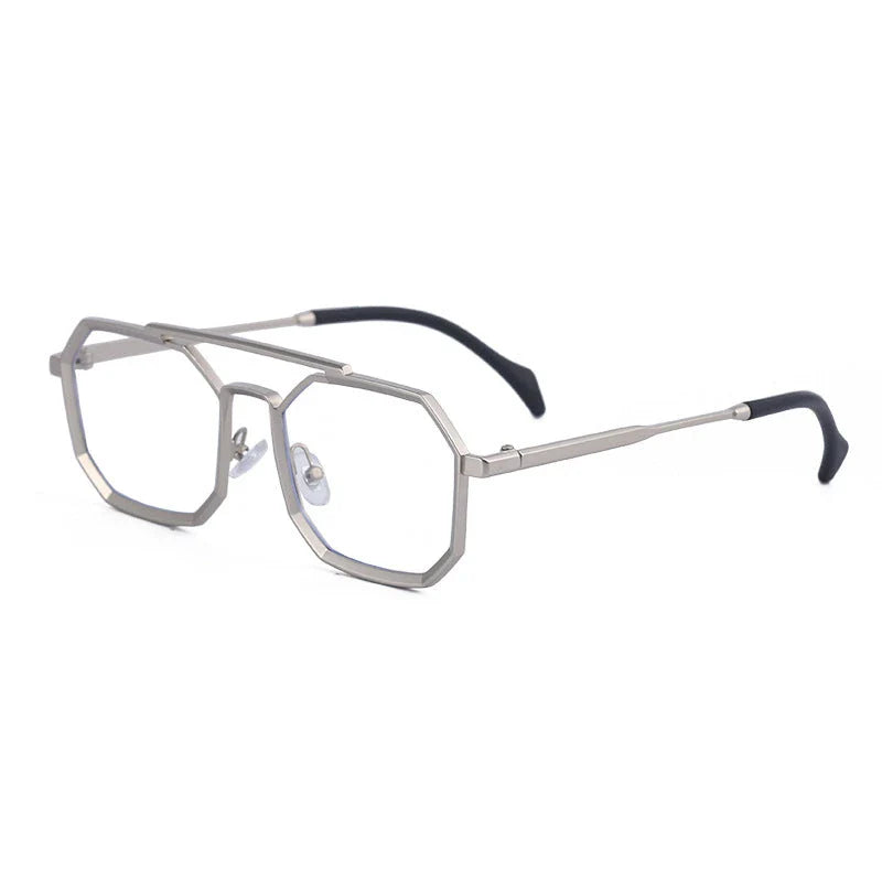Stylish polygonal double bridge sunglasses with metal frames and mirror-coated lenses for men and women