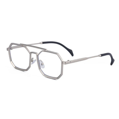 Stylish polygonal double bridge sunglasses with metal frames and mirror-coated lenses for men and women