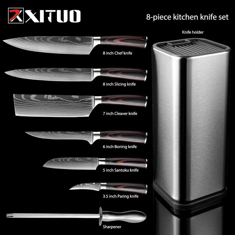 A set of three Japanese-style chef knives with stainless steel blades and ergonomic handles, perfect for slicing, dicing, and mincing in the kitchen.