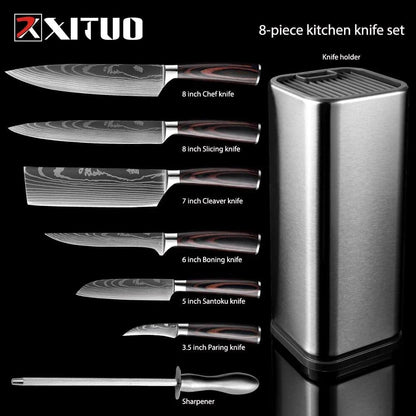 A set of three Japanese-style chef knives with stainless steel blades and ergonomic handles, perfect for slicing, dicing, and mincing in the kitchen.